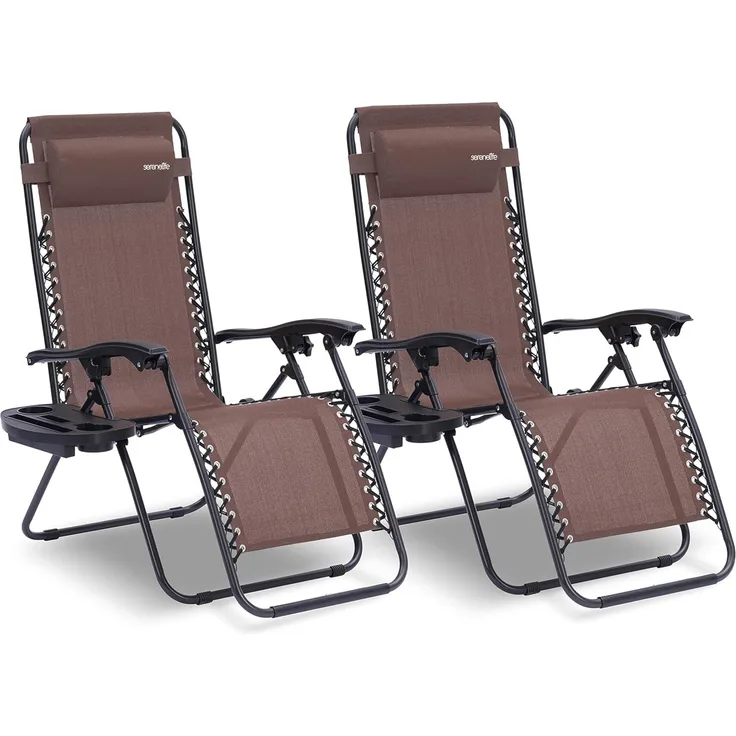 SereneLife Liegestuhl Klappbar, Strandliege 2 Stück Braun als Gartenmöbel zum Relaxen, Outdoor Möbel mit Seitentisch, Kopfkissen & Getränkehalter Wetterfest, Verstellbarer Deckchair, Gartenbett