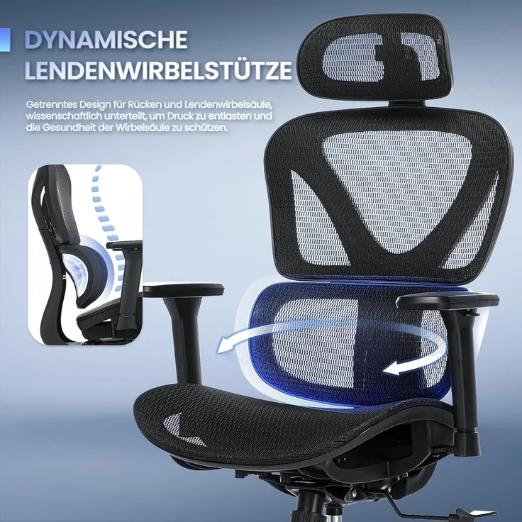 COLAMY Ergonomischer Bürostuhl – Schreibtischstuhl mit Sattel-Sitzpolster für optimale Druckentlastung, atmungsaktiv, 3D-Armlehnen, Kopfstütze, Büro/Homeoffice/Studium, Schwarz – Bild 9