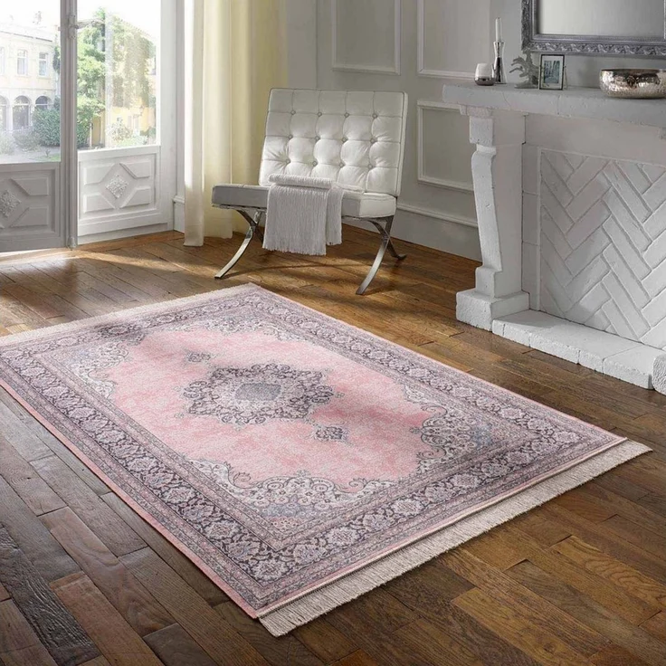 TaraCarpet Teppich Palazzo Royal Vintage Medaillon, rechteckig, Höhe: 6 mm, Vintage Seiden Optik rose Wohnzimmer Schlafzimmer Esszimmer 135x195 – Bild 1