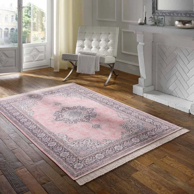 TaraCarpet Teppich Palazzo Royal Vintage Medaillon, rechteckig, Höhe: 6 mm, Vintage Seiden Optik rose Wohnzimmer Schlafzimmer Esszimmer 135x195