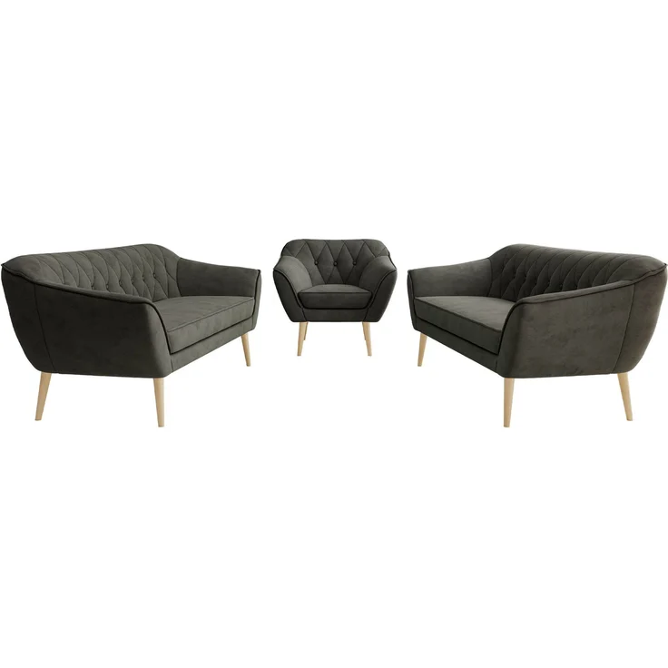 Wohnzimmerset, Möbelset PIRS 3-3-1, Armlehnen, Wellenfederung, Buche Füße, Dreisitzer Sofas mit Sessel, Polstermöbel Set - Dunkelgrau Velvet – Bild 7