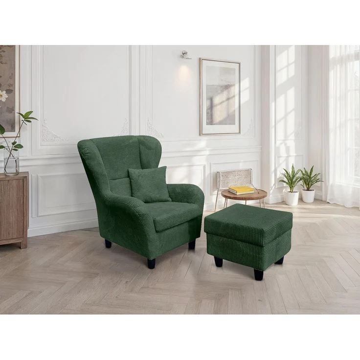 Ohrensessel mit Hocker Landhausstil Polster-TV-Lesesessel Cordstoff Grün – Bild 2