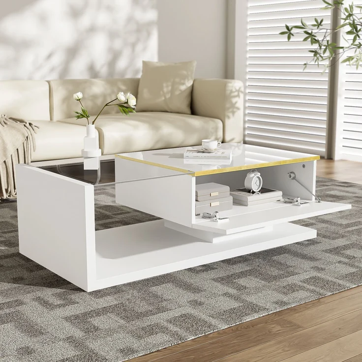 Couchtisch 100x50 cm Hochglanz Weiß LED Beleuchtung App Steuerung 16 Farben Glasplatte Wohnzimmer – Bild 7