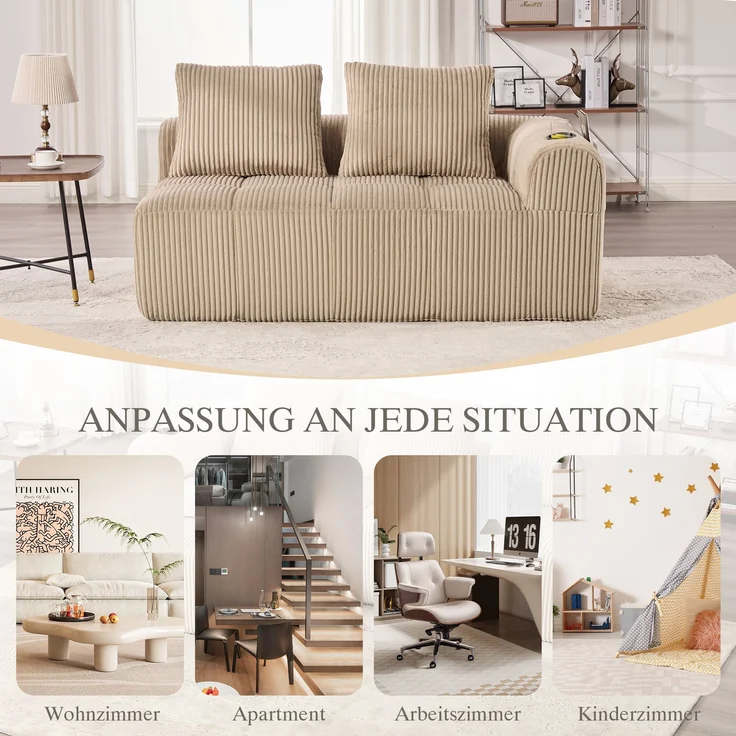 2-Sitzer Sofa, Cord mit Seitenfächern & Becherhaltern, 158x93x61 cm, Khaki – Bild 10