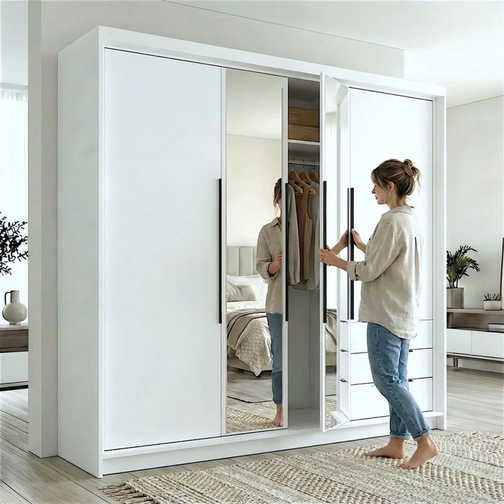 A&J MöbelLand GmbH Drehtürenschrank viertüriger Kleiderschrank mit Schubladen und Metallgriffen. (Geräumiger vier¬türiger Kleiderschrank mit Schubladen und Metallgriffen. Geräumiger Schrank mit einer Breite von 200 cm und Schubladen, ideal zur Aufbewah... – Bild 2