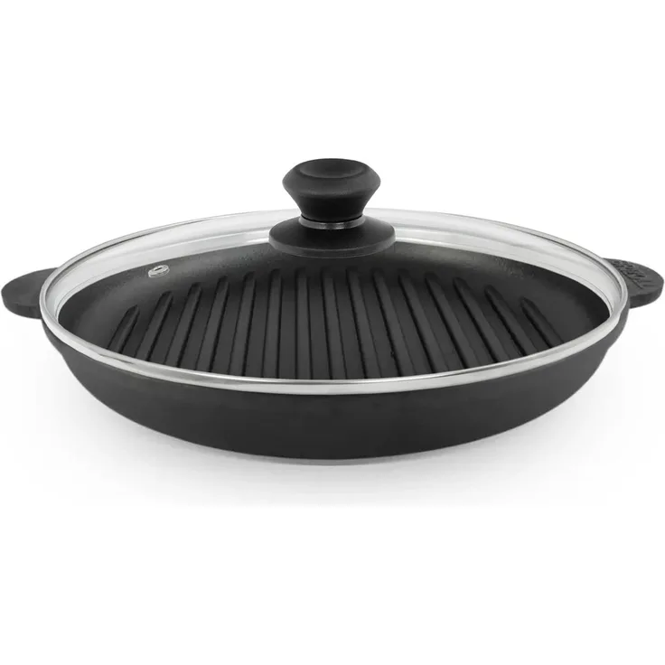 Ø30cm Grillpfanne aus Gusseisen Bräter mit Glasdeckel Schmortopf zwei Griffe Servierpfanne Grill