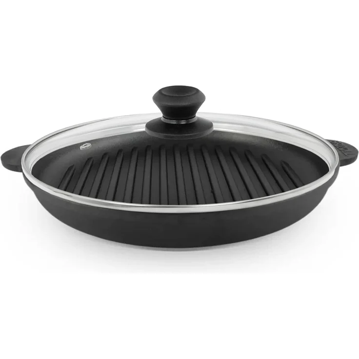 Ø30cm Grillpfanne aus Gusseisen Bräter mit Glasdeckel Schmortopf zwei Griffe Servierpfanne Grill – Bild 1