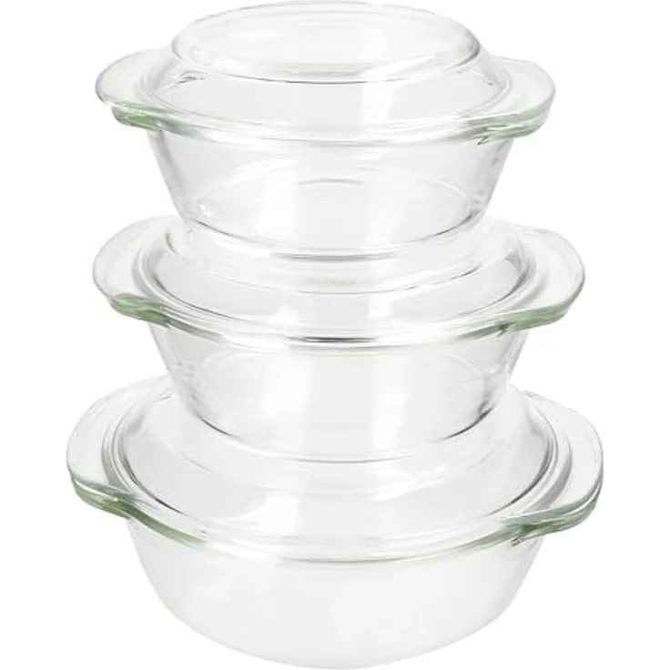 MamboCat Auflaufform 3tlg Set Brat- & Backform 0,7L 1L 1,5L Deckel Auflaufform rund Glas, Glas – Bild 2
