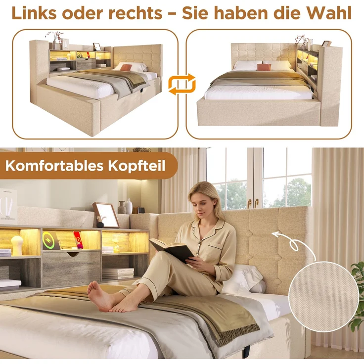EINHOM Polsterbett 140 x 190 cm Einzelbett mit LED-Beleuchtung, Hydraulischem Stauraum, L-Förmigem Kopfteil mit Stauraum, Beidseitig Montierbar, Lattenrost, Leinenstoff, Beige, (Ohne Matratze) – Bild 4
