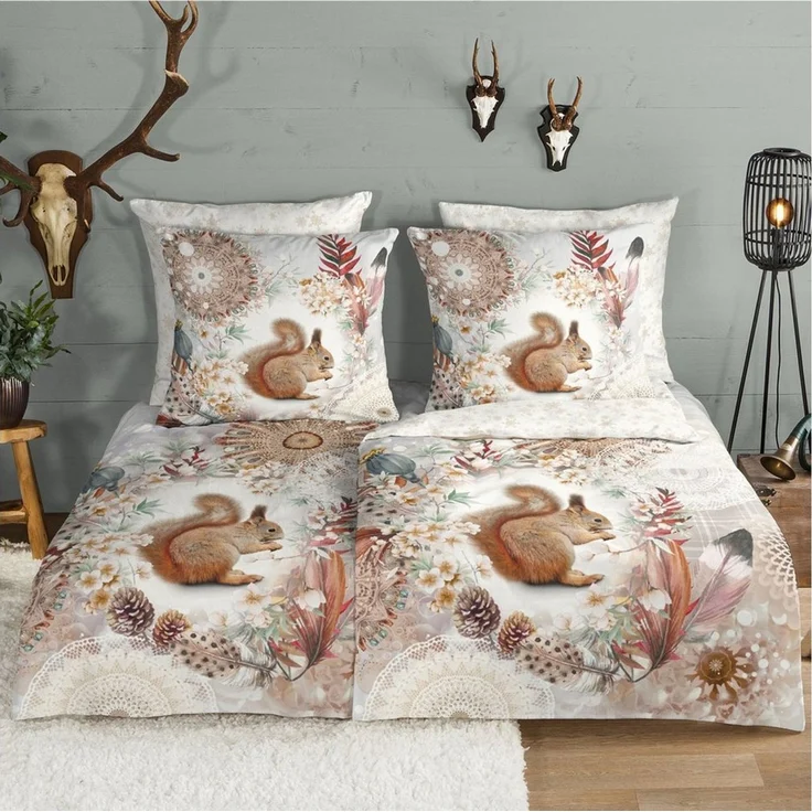 JACK Wendebettwäsche 135x200 cm, Eichhörnchen Kosmos, Flanell, 2 teilig, mit Schneeflocken im Herbst- und Winterdesign – Bild 2