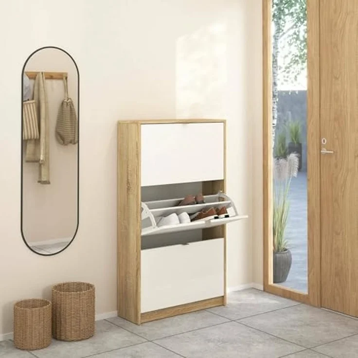 Dmora - Schuhschrank Paris, Schuhregal, Mehrzweck-Eingangsgarderobe, Möbel für Schuhe, 70x24 h124 cm, Eiche und Weiß – Bild 4