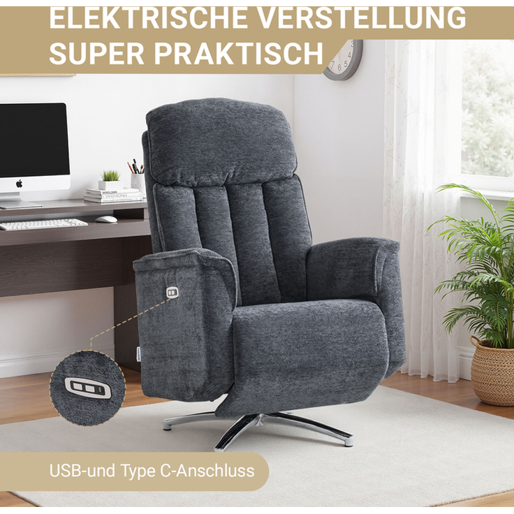 HOME NATURE WOHNKONZEPT Elektrischer Relaxsessel mit USB-Anschluss, elektrisch verstellbarer TV-Sessel mit Liegefunktion, Chenille Dunkelgrau, bis 350 kg, FT9202 – Bild 5