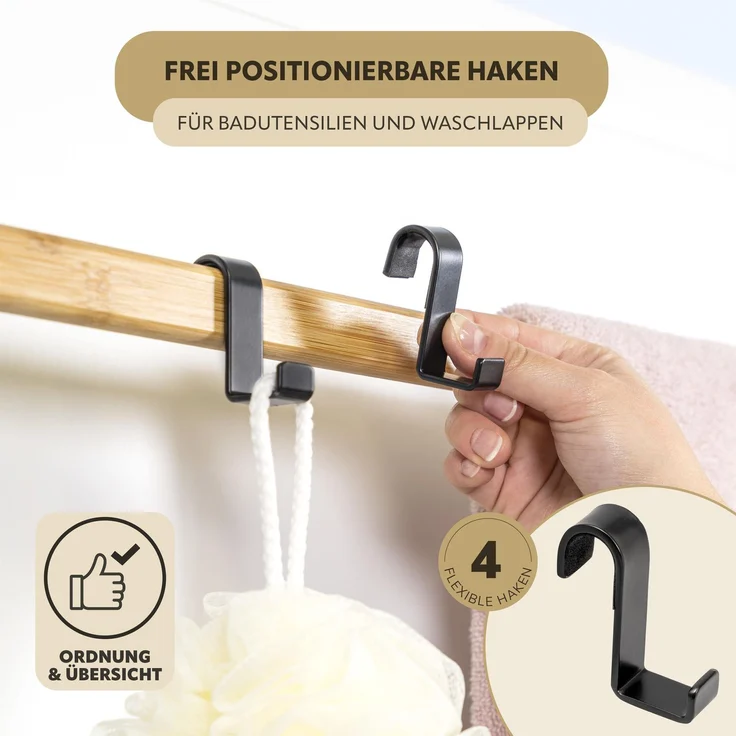 Tür-Hängeregal aus Metall und Bambus, 3 Handtuchstangen, 4 Haken, schwarz – Bild 4