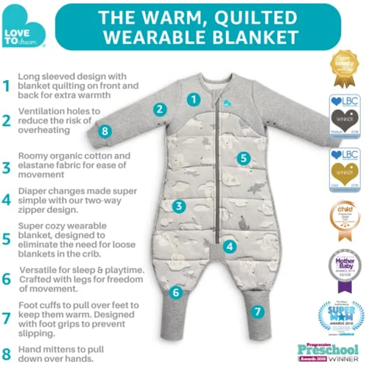 Love To Dream Schlafanzug, extra warm, 6–12 Monate, grau, 3,5 Tog für Kälte (unter 16 °C), Lange Ärmel, maschinenwaschbares Baumwollfleece, für Bewegung gemacht mit Grip-Pads, Von Hebammen empfohlen – Bild 5