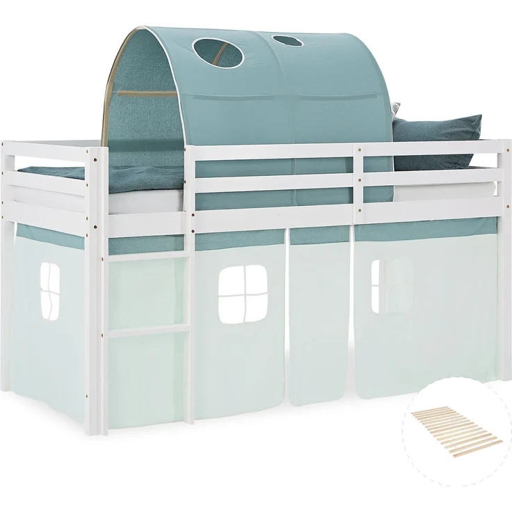 Hochbett Kinder 90x200 cm mit Lattenrost Kinderbett Kinderhochbett Stockbett Tunnel Vorhang Grün Mintgrün Holz Massiv – Bild 1