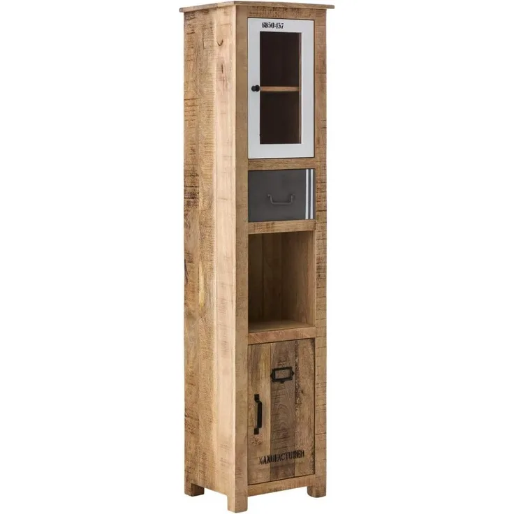Eleganter Bad Hochschrank Pune in Mehrfarbig - 43x180x35cm, Mangoholz & Metall, 2 Türen, 1 Schublade & Fach