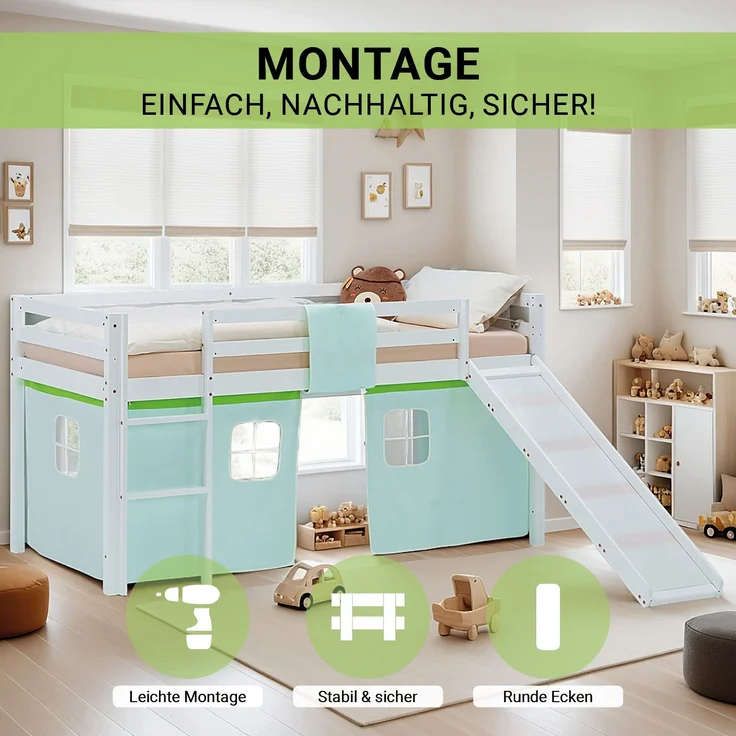 Hochbett Kinder 90x200 cm mit Rutsche Kinderbett Kinderhochbett Stockbett Vorhang Grün Leiter Holz Massiv – Bild 5