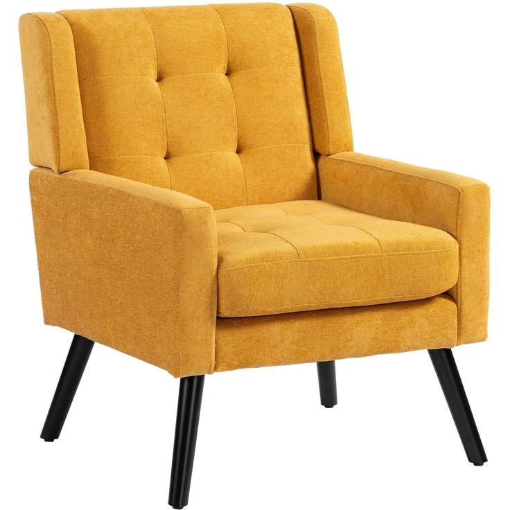 LVHOM Sessel aus Leinenstoff mit Knopfsteppung, Relaxsessel mit Massivholzbeinen, Polstersessel für Wohnzimmer & Büro, bis 130kg, Gelb – Bild 1