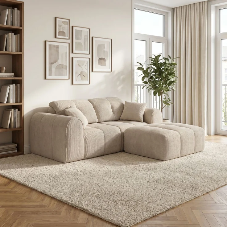 skølm 'Vanaheim' Sofa 2 Sitzer mit Hocker & 2 Kissen, Cloud Sofa beige, Chenille-Stoff, Vollschaumcouch mit Federkern und Vakuum-Kompression, kein Aufbau erforderlich – Bild 4