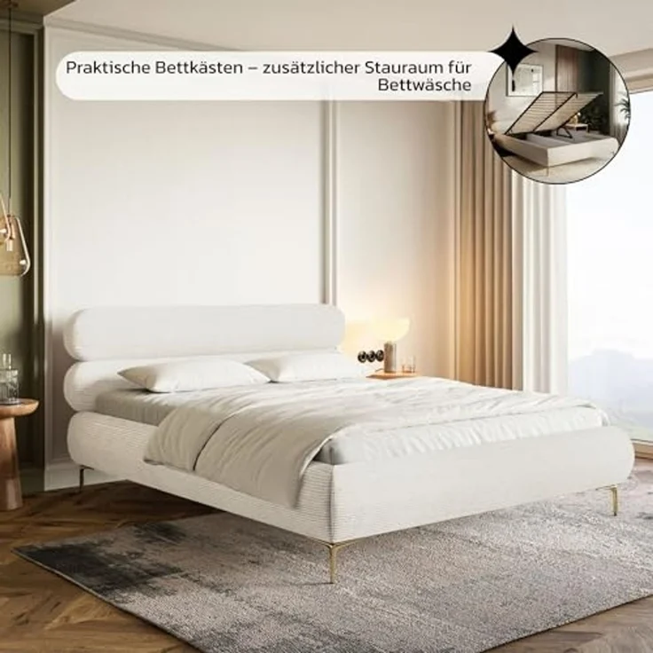 Selsey Polsterbett 140x200 cm Cord Creme – Bett mit Stauraum und Bettkasten, gepolstertes Bett mit Lattenrost und Metallrahmen, Doppelbett Schlafzimmer mit goldfarbenen Füßen und Gasdruckfedern – Bild 7