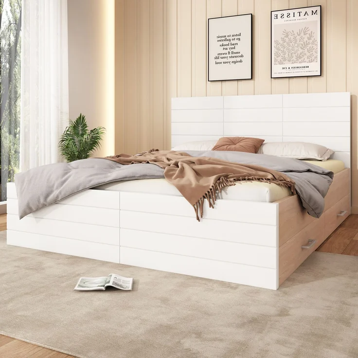 Doppelbett 160x200 cm Weiß Eiche, Bettgestell mit 2 Schubladen, Massivholzrahmen, Stauraumbett mit Lattenrost,inklusive Matratze – Bild 5