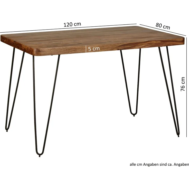 Esstisch BAGLI 120cm Sheesham Massivholz Metallbeine Landhaus dunkelbraun