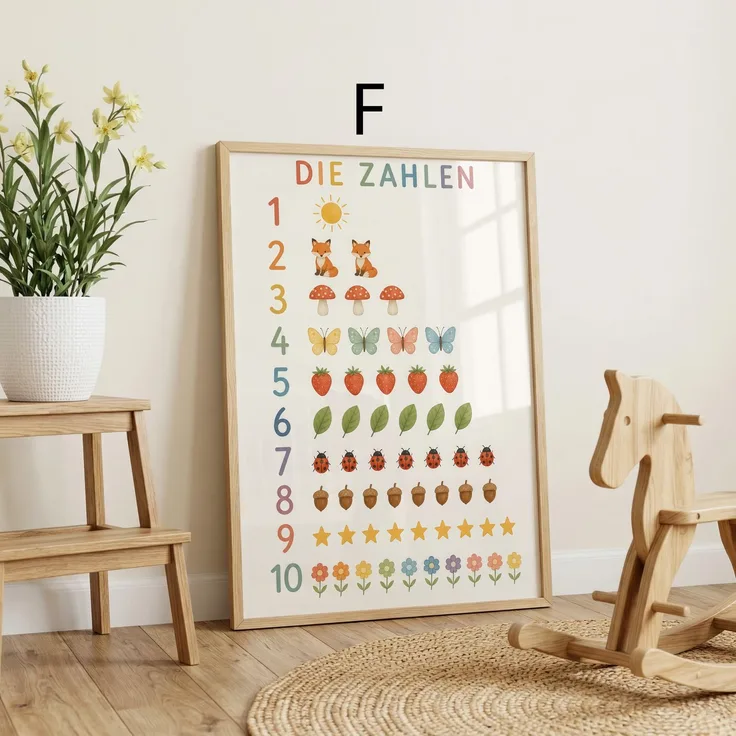 Lern Poster · Schule Lernen · Kindergarten · Geschenkidee · Kinder Alphabet Zahlen Formen Farben · Dekoprint ohne Rahmen - F / 50x70 cm