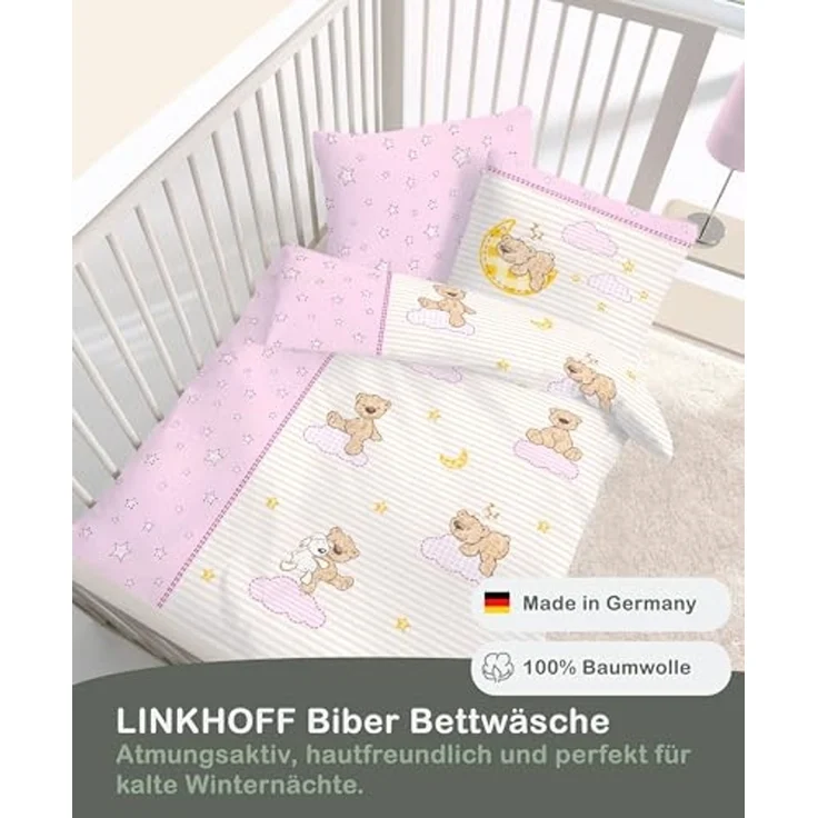 LINKHOFF Babybettwäsche Biber Bettwäsche 100x135cm Rosa Teddy - 100% Baumwolle Reißverschluss, Bärchen, Teddy Bären, Fein-Biber Flanell Bettwäsche – Bild 4