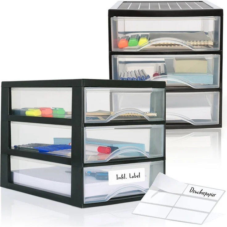 Hausfelder Schubladenbox Schubladenschrank A4 mit 3 Schubladen, 2 Stück inkl. Aufkleber, (2-St, A4 mit 3 Schubladen + Aufkleber) – Bild 1
