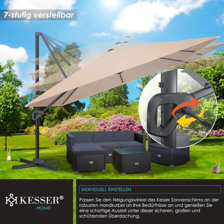 KESSER® Sonnenschirm Ampelschirm Sun XL 300x300 cm Inkl. Abdeckung +Windsicherung Drehbar Neigbar Kippbar Marktschirm Groß 360° Rotation, Gartenschirm mit Kurbel Sonnenschutz UV50+, Taupe – Bild 5