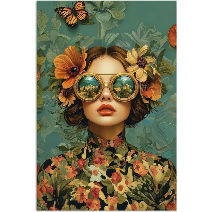 MuchoWow Poster Frau - Blumen - Schmetterlinge - Natur - Vintage, (1 St), Poster ohne Rahmen, Wandbild, Wandposter, 30x20 cm – Bild 1