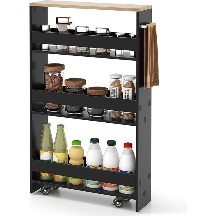 4 Ebenen Nischenregal auf Rollen aus Holz mit Griff Küchenwagen 48 x 13 x 81 cm Schwarz + Natur