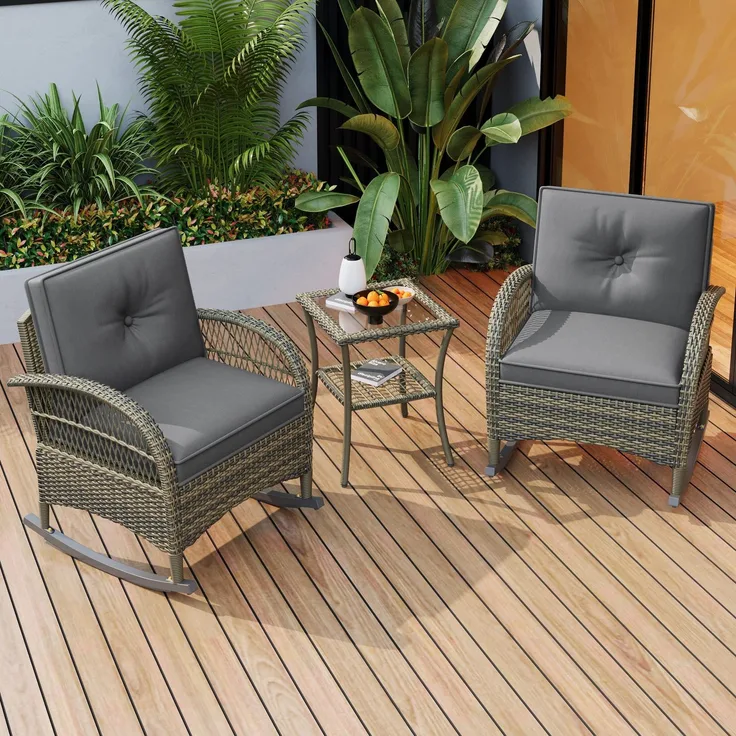 Balkonset mit 1 quadratischem Glastisch und 2 Schaukelstühlen, 3-tlg, Loungeset, Gartenmöbel, Metallrahmen, Polyrattan