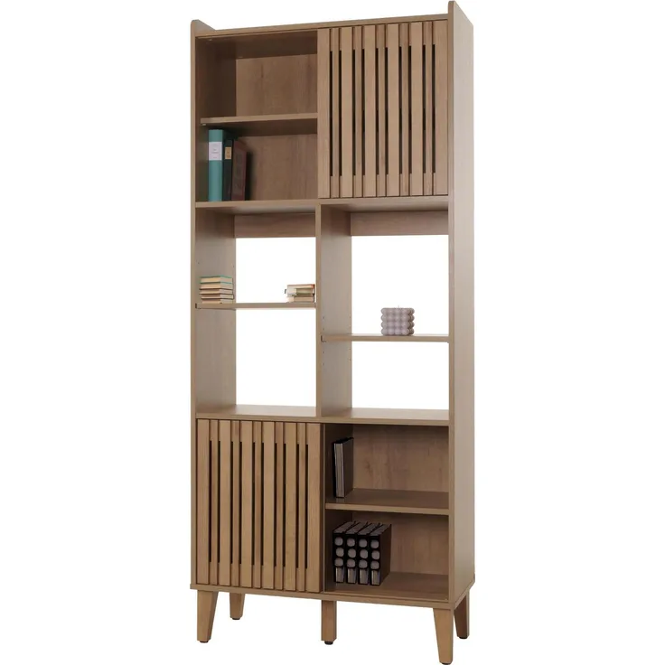 Bücherregal HWC-M48, Bücherschrank Hochschrank, Schiebetür 8 Staufächer MDF 178x75x35cm ~ natur