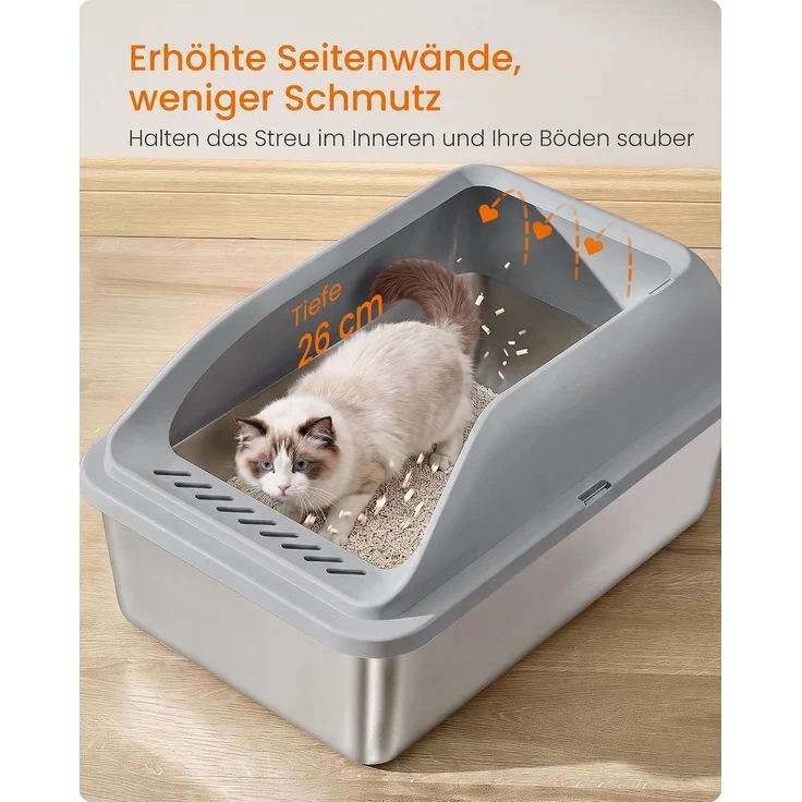 FEANDREA Edelstahl Katzenklo XXL Offen mit Hohem Rand und Spritzschutz 51 x 36 x 26 cm Taubengrau – Bild 4