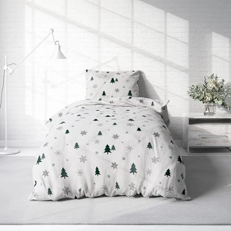 One Home Bettwäsche Tannenbaum, Fleece, 2 teilig, Schnee Kristalle, kuschelig flauschig warm weich Winter Übergröße – Bild 2