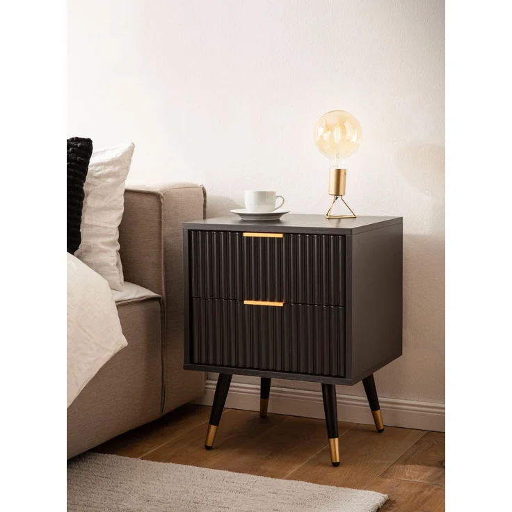 FINEBUY Nachttisch FB105032 (Eiche-Dekor 43,5x39x56 cm, Nachtschrank Schwarz), Nachtkonsolen Schublade, Nachtkästchen Stauraum – Bild 2