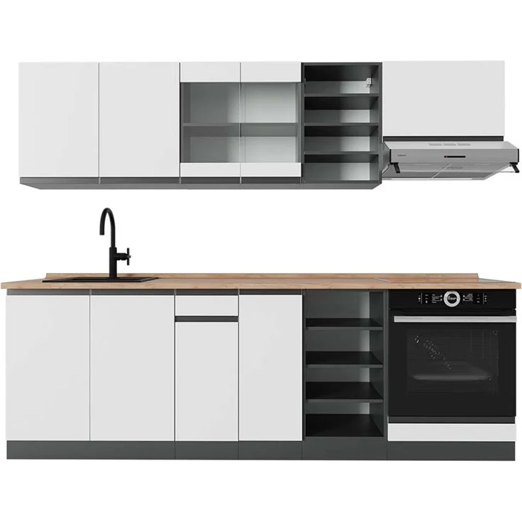 Küchenzeile R-Line Weiß/Anthrazit 240 cm J-Shape, AP Eiche Vicco – Bild 1