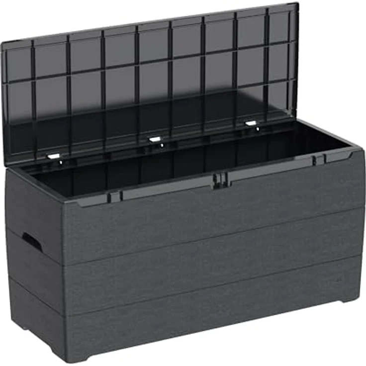 Duramax Cedargrain Durabox 270 Liter/ 71 Gallonen Kissenbox aus Kunststoff, Auflagenboxen aus Kunststoff mit Griffen, Organizer für Gartenmöbel, abschließbarer Deckel, Patio-Box, Dunkelgrau – Bild 10