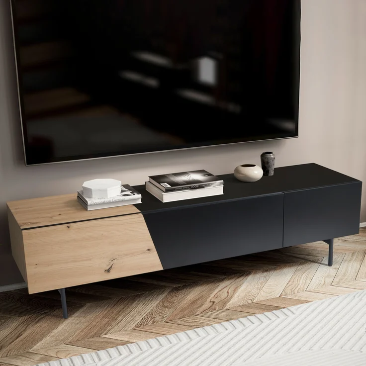 Lowboard Schwarz mit Eiche-Dekor 150x40x40 cm TV-Kommode Modern, Design TV-Sc... – Bild 1
