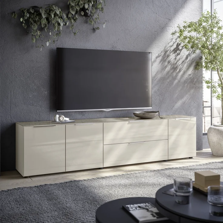 Lowboard >Santorin< Glasfronten in Kaschmir - 226x55x40cm (BxHxT) – Bild 2