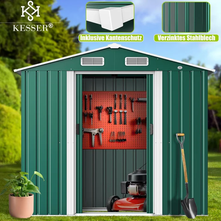KESSER® XL Metall Gerätehaus 4,2m³ mit Fundament | inkl. Arbeitshandschuhe | 195 x 131 x 186 | 2x Schiebetür & Fundament | Geräteschuppen | Gartenhaus Schrank | Satteldachdach Garten Schuppen Grün – Bild 7