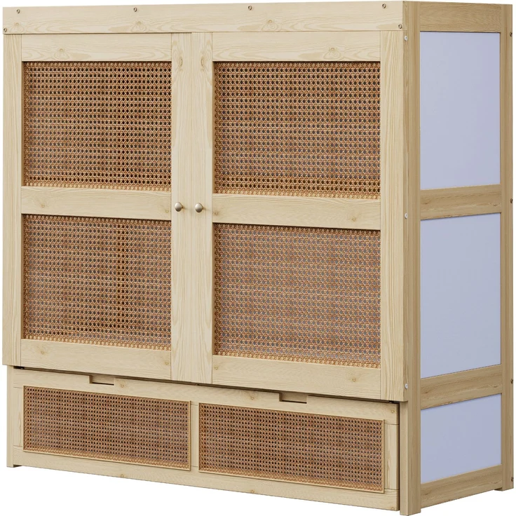 Bett 140x200 cm Schrankklappbett aus Holz in Natur, mit Lattenrost, Schubladen und Rattan-Design, ohne Matratze – Bild 6