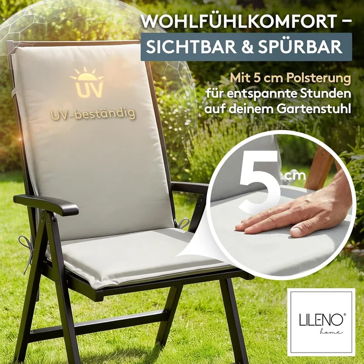 LILENO HOME Gartenstuhl Auflagen [1er Set - Hochlehner] in Grau - bequeme Liegen als Sitzauflagen für Gartenmöbel - Stuhlkissen für Gartenstühle und Klappstühle MIA – Bild 3