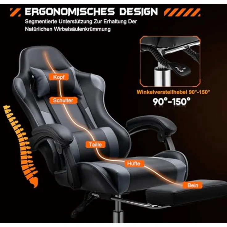DUMOS Gaming Stuhl Ergonomischer Gaming Stuhl mit Fußstütze Atmungsaktiver PC Stuhl mit verstellbare Lendenkissen Kopfkissen und Armlehnen 150 kg Belastbarkeit Drehsessel – Bild 5