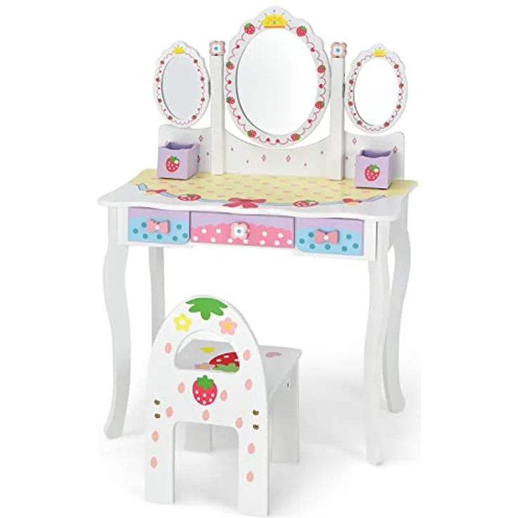 COSTWAY Kinder Schminktisch Set, Prinzessin Frisiertisch mit Klappbarem Spiegel, Schminkhocker und 3 Schubladen, Make-up Schminktisch Frisierkommode für Kinder Mädchen (Weiß) – Bild 2