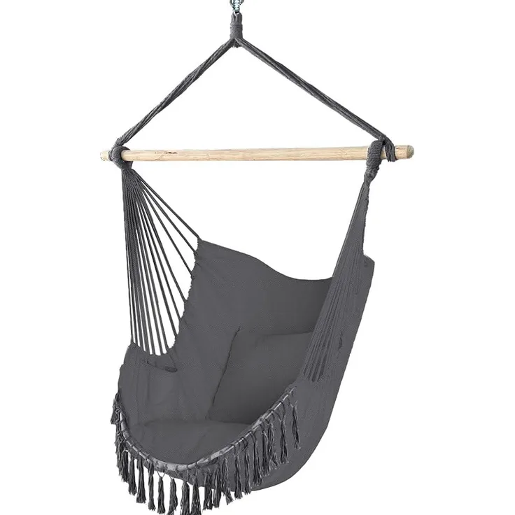 VOUNOT Hängesessel mit 2 Kissen & Bücherfach, Hängestuhl XXL Hängematte Schaukel für Indoor Outdoor Garten, Grau