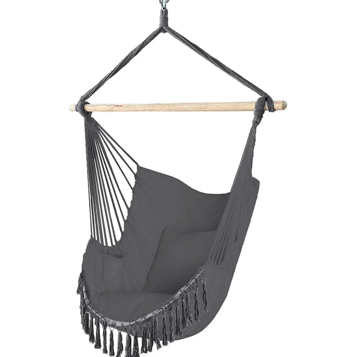 VOUNOT Hängesessel mit 2 Kissen & Bücherfach, Hängestuhl XXL Hängematte Schaukel für Indoor Outdoor Garten, Grau
