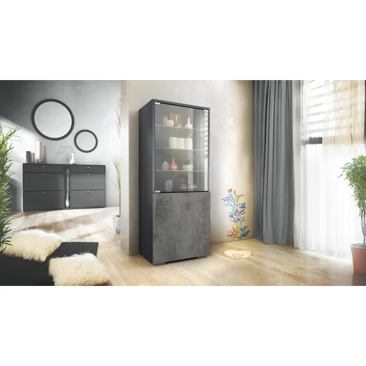 Vladon Standvitrine Granada (Vitrinenschrank, mit Glastür und Glaseinsatz) Anthrazit matt/Beton Dunkel Optik (50 x 122,5 x 34,5 cm) – Bild 2