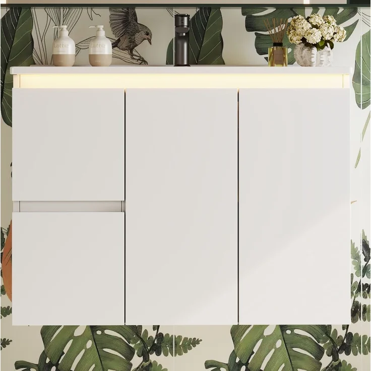 Wandwaschtisch mit Keramikbecken, LED-Radarsensor & Soft-Close, 76x47x57 cm, Weiß – Bild 3